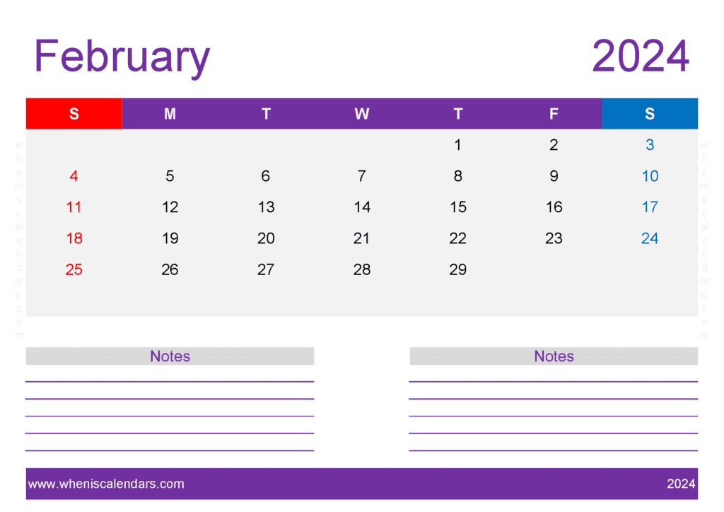 Download Free Printable Calendar 2024 February A4 Horizontal F4220