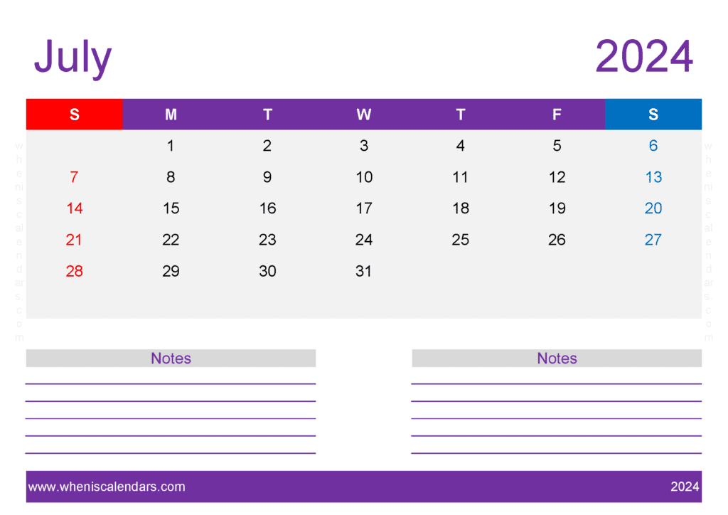 Download Free Printable Calendar 2024 July A4 Horizontal J74220