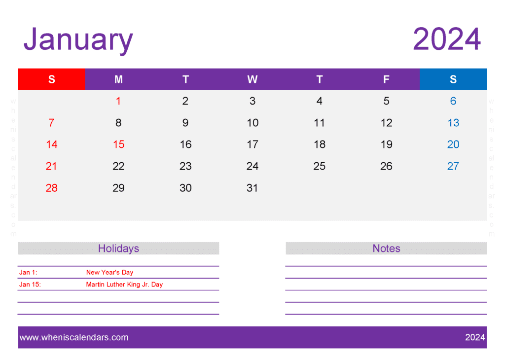 Download January Calendar 2024 Printable cute A4 Horizontal J4420