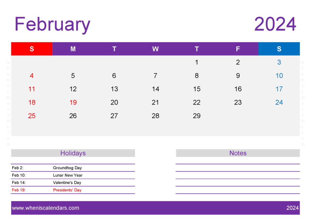 February Calendar 2024 Printable cute F24420