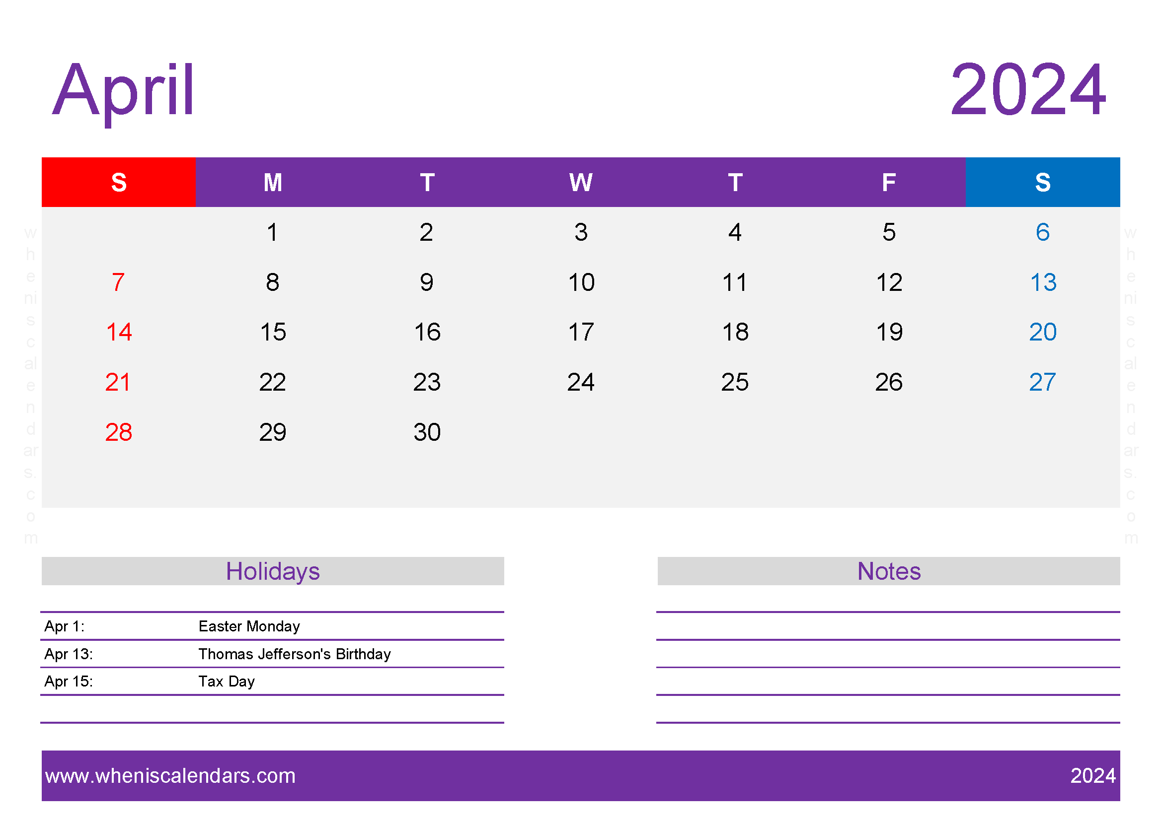 April Calendar 2024 Printable cute Monthly Calendar