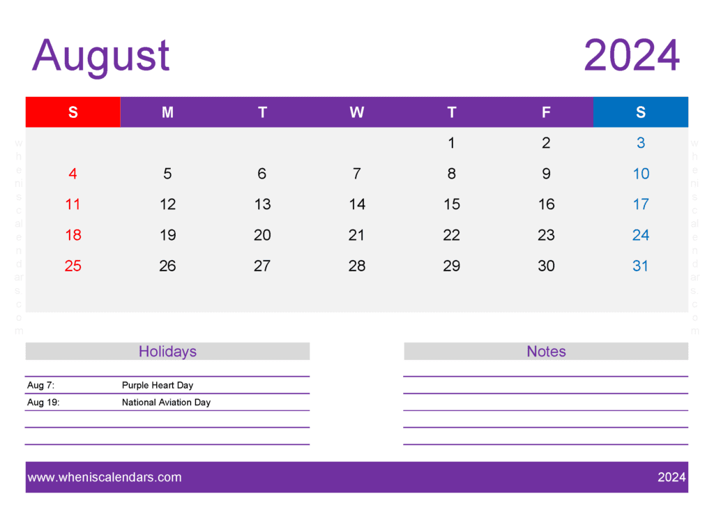 August Calendar 2024 Printable cute Monthly Calendar