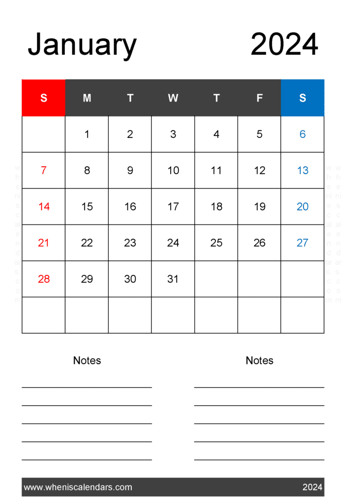 January 2024 A4 Calendar Monthly Calendar