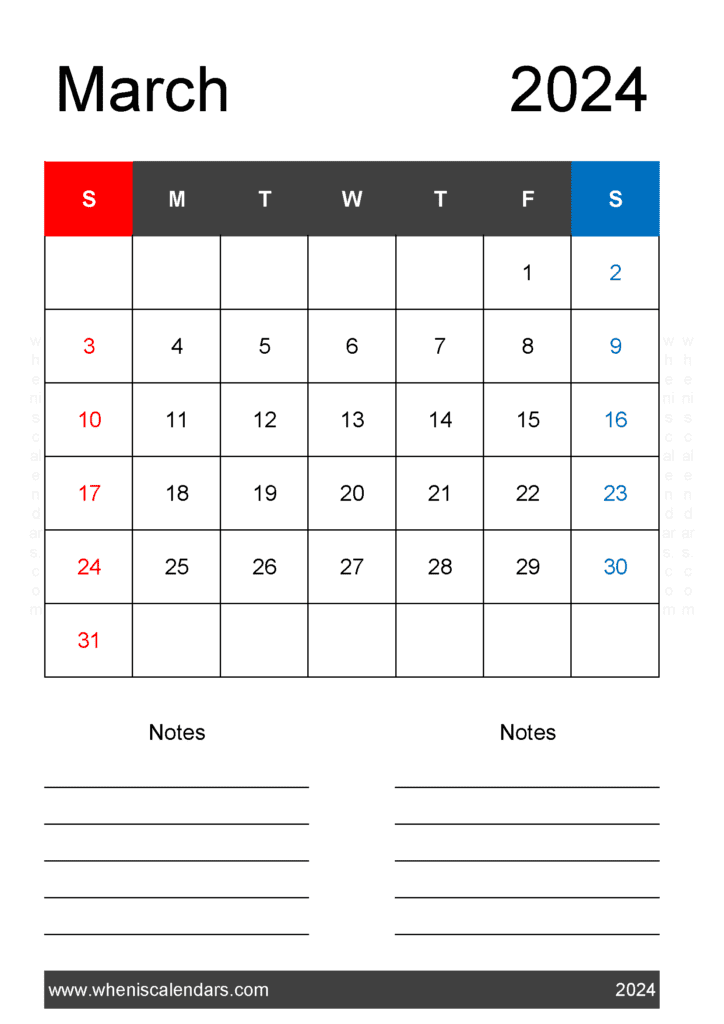 Download March 2024 A4 Calendar A4 Vertical M34221