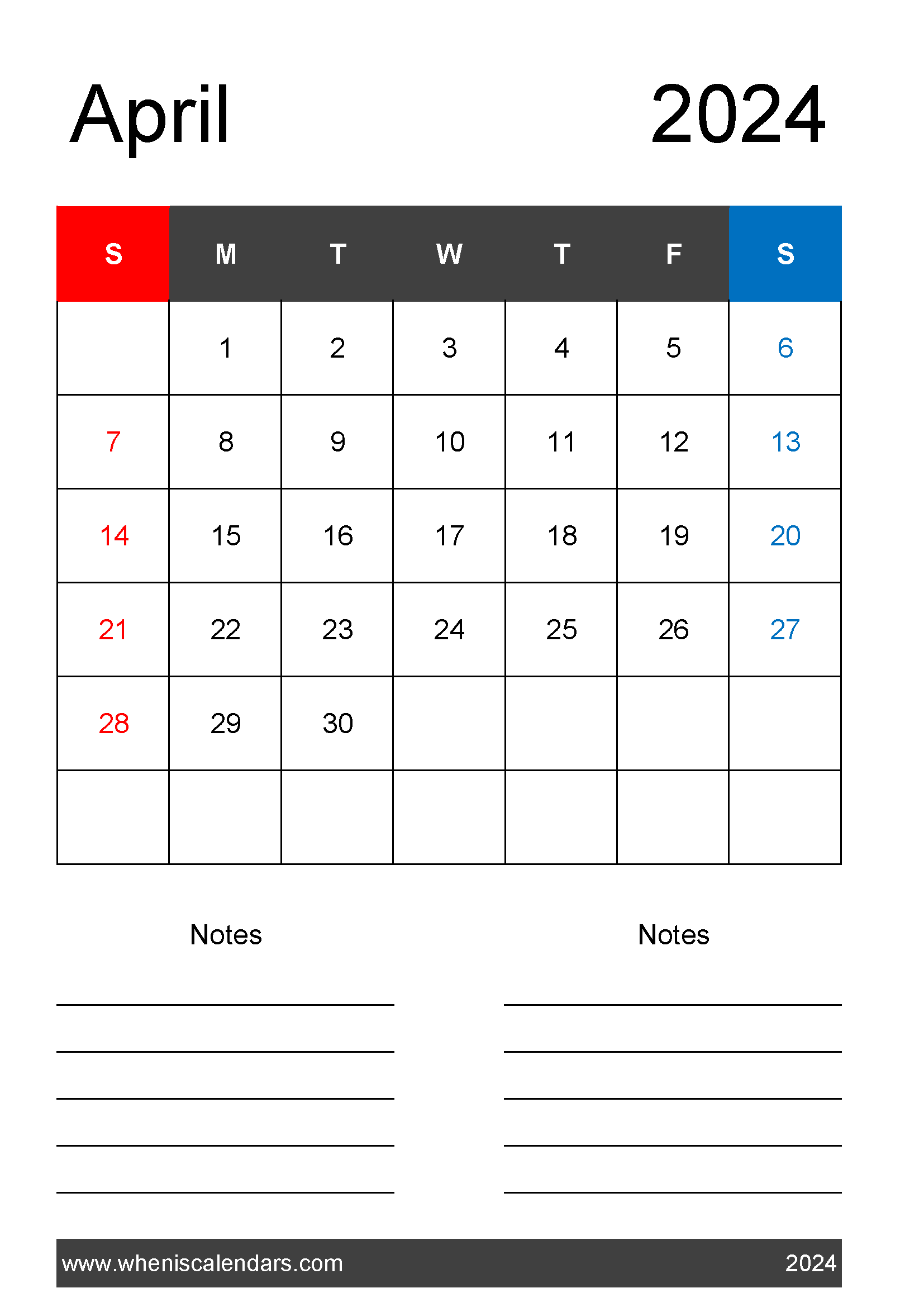 April 2024 A4 Calendar Monthly Calendar