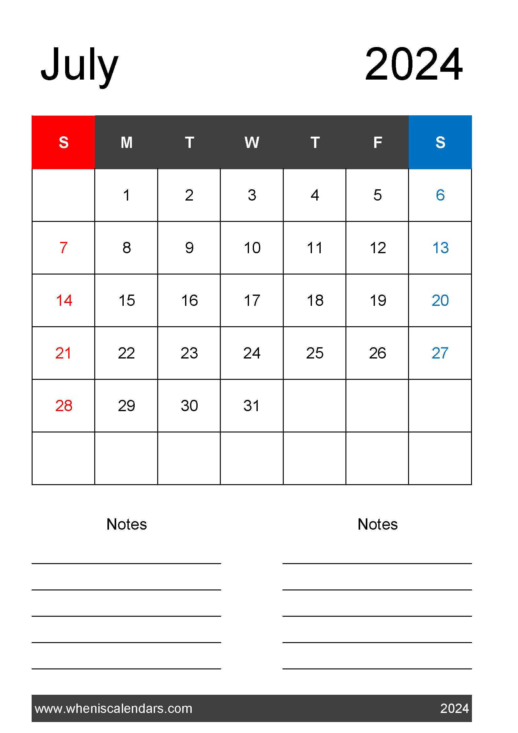 July 2024 A4 Calendar Monthly Calendar