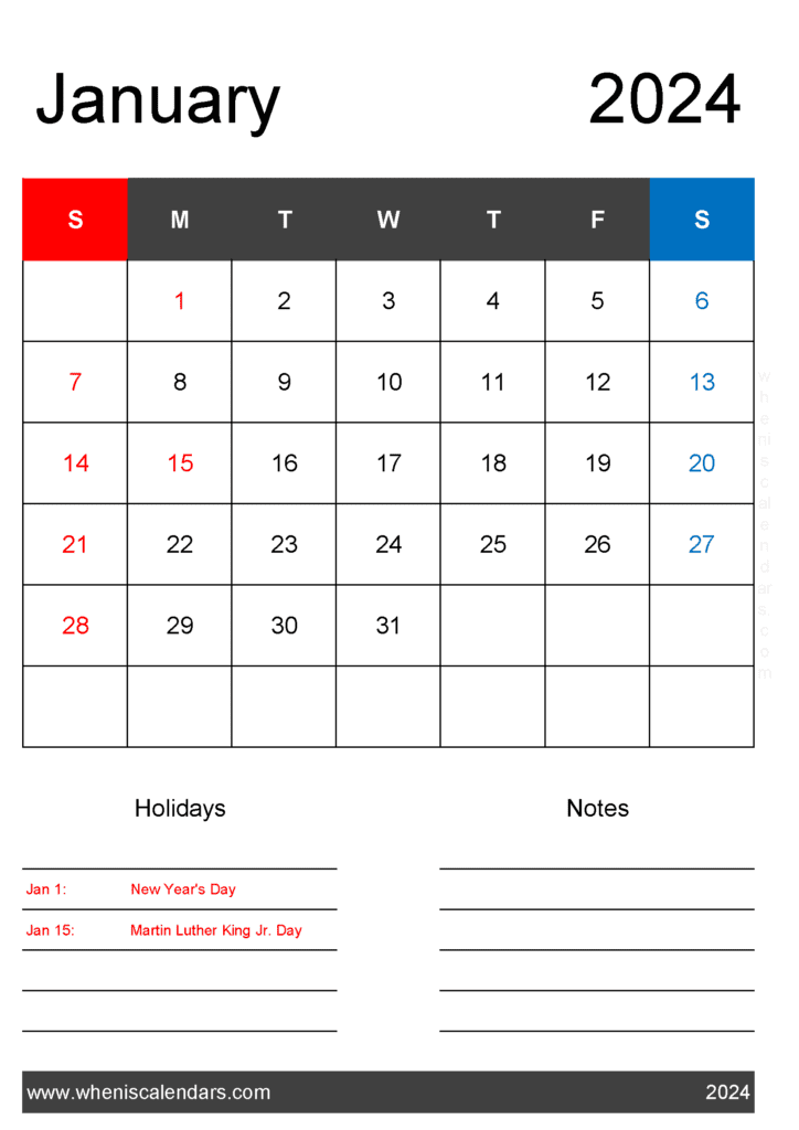 January 2024 Calendar with federal Holidays Monthly Calendar