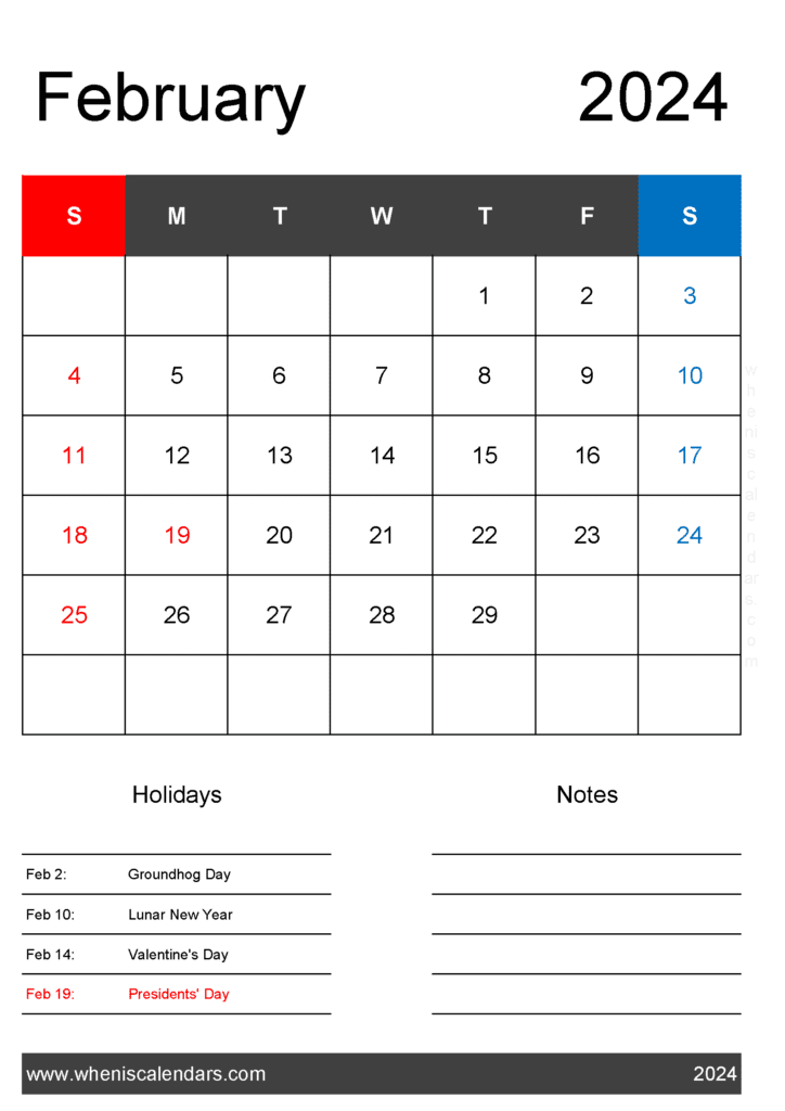 February 2024 Calendar with federal Holidays Monthly Calendar
