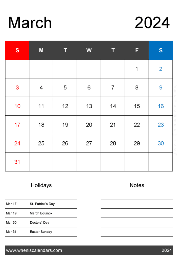Download cute March Calendar 2024 Printable A4 Vertical M34421