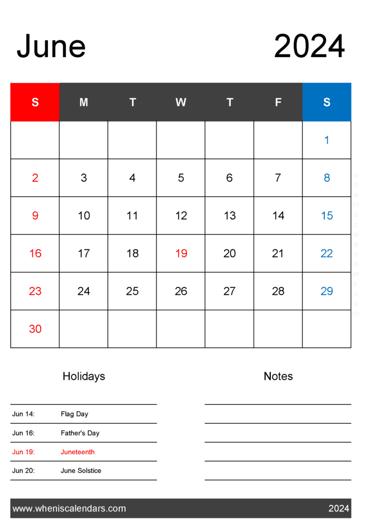 Download free June Calendar 2024 with Holidays printable A4 in Horizontal Landscape