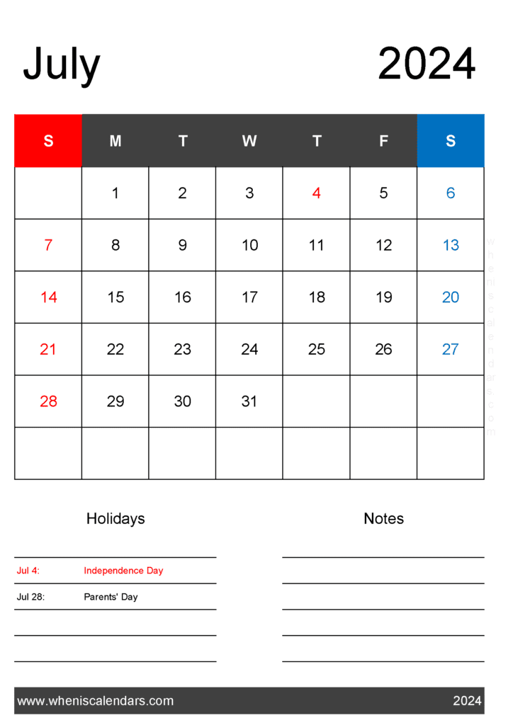 Download free July Calendar 2024 with Holidays printable A4 in Horizontal Landscape