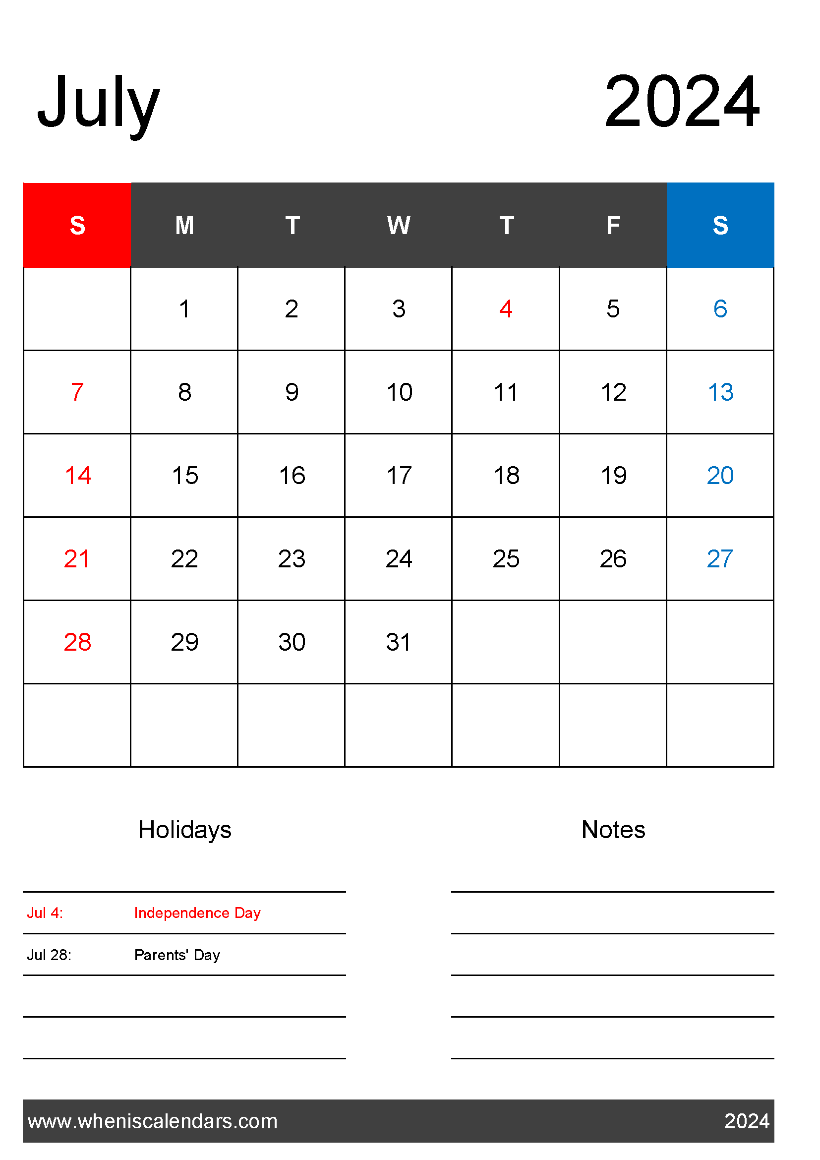 cute July Calendar 2024 Printable Monthly Calendar