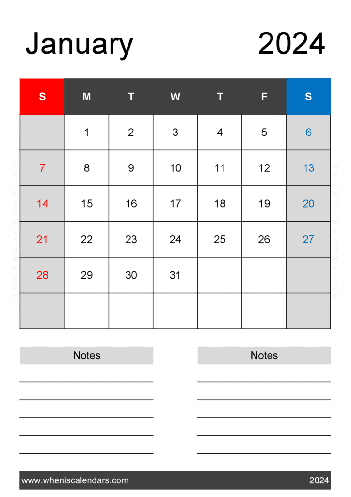 January weekly Calendar 2024 Printable Monthly Calendar