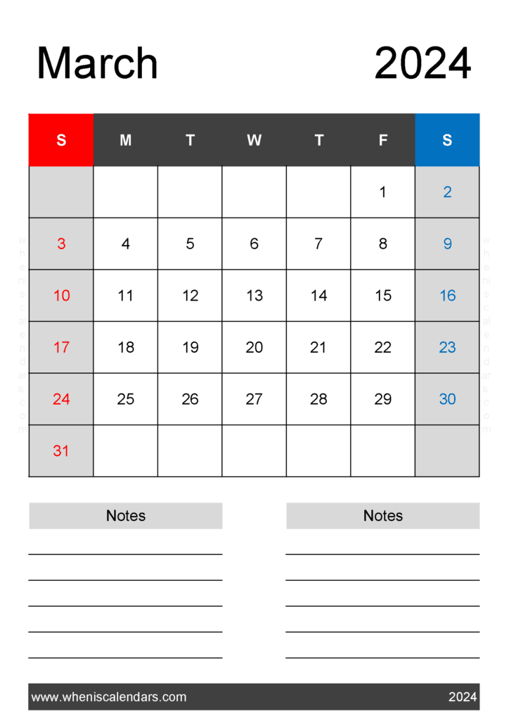 Download March weekly Calendar 2024 Printable A4 Vertical M34222