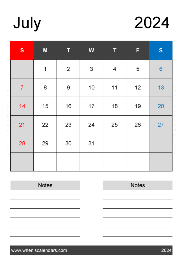 July weekly Calendar 2024 Printable J74222