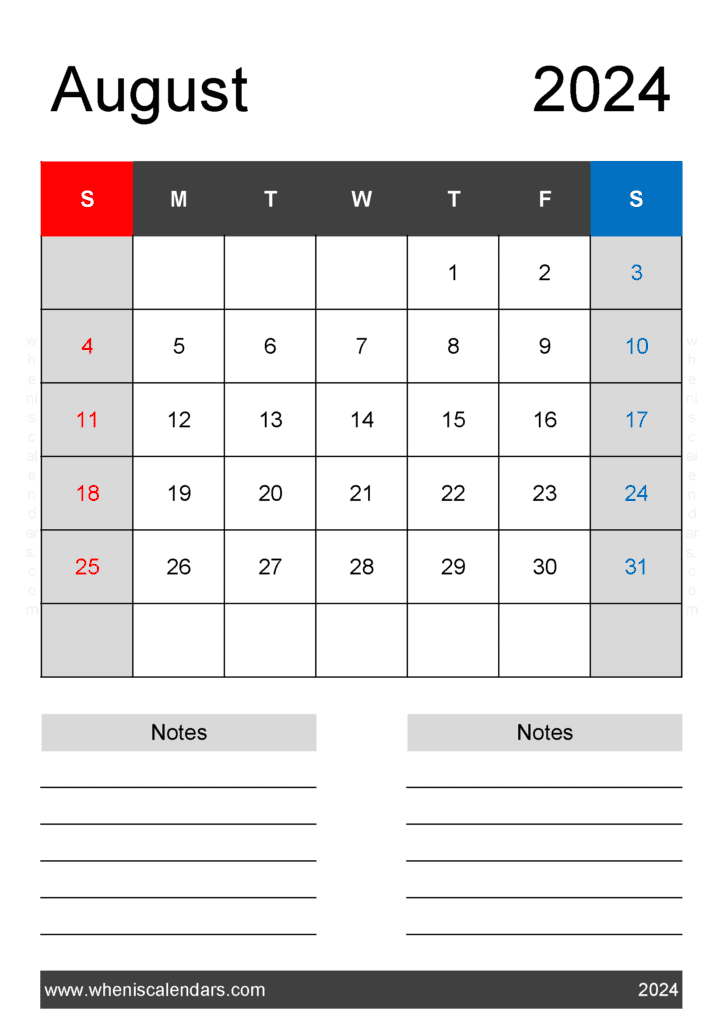 Download August weekly Calendar 2024 Printable A4 Vertical A84222