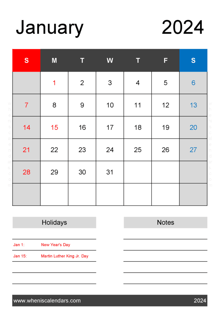 print January 2024 Calendar Template Monthly Calendar