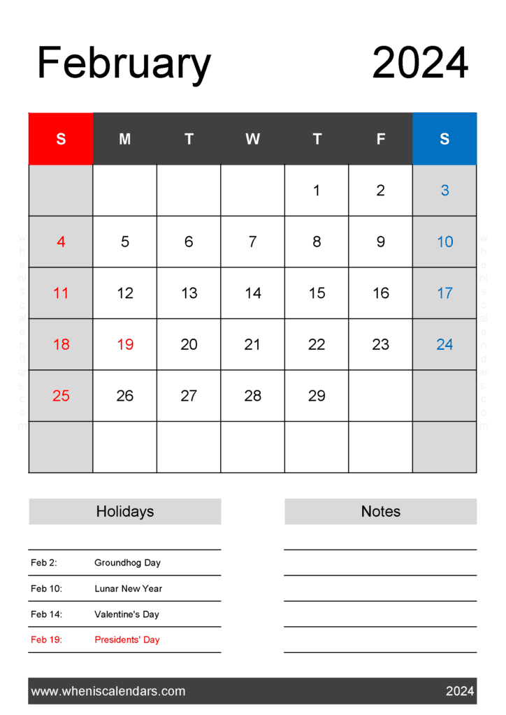 Download Blank February 2024 Calendar Printable Free A4 Vertical F4422