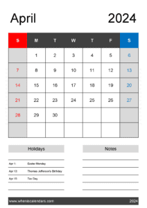 Blank April 2024 Calendar Printable Free J14422