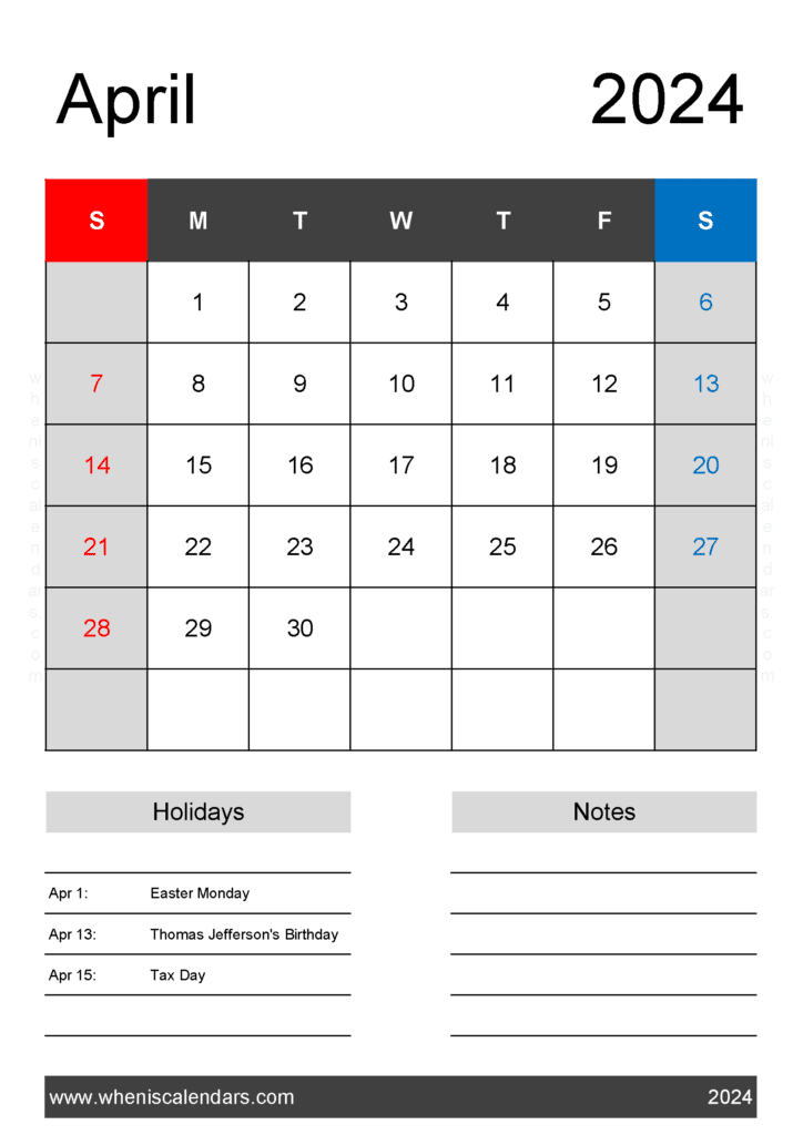 print April 2024 Calendar Template Monthly Calendar
