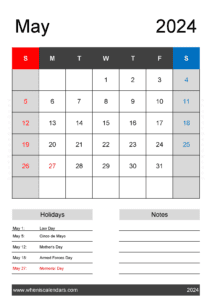 Blank May 2024 Calendar Printable Free J14422