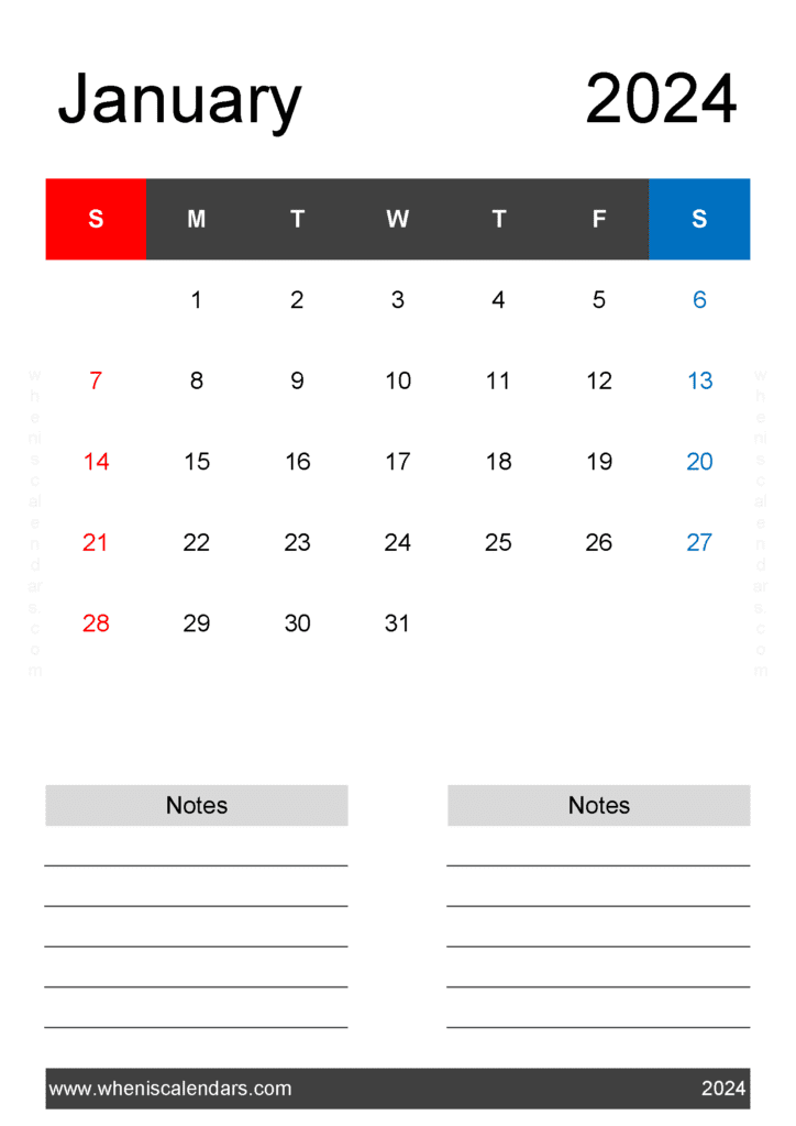 Printable month Calendar January 2024 Monthly Calendar