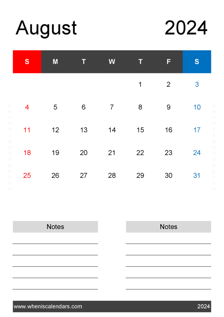 Printable month Calendar August 2024 Monthly Calendar