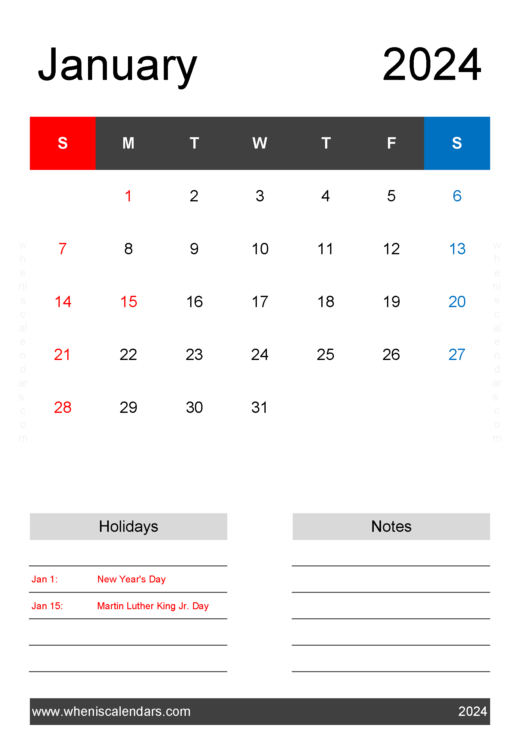 January 2024 Calendar Printable pdf Free Monthly Calendar