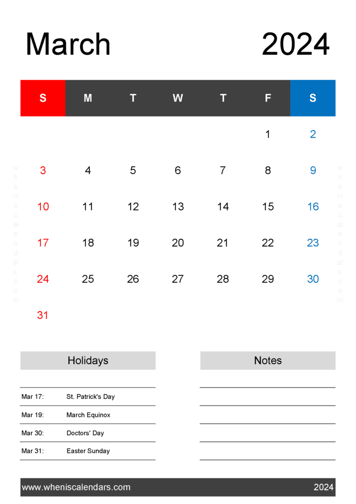 Download March 2024 Calendar Printable pdf Free A4 Vertical M34423