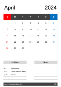 April 2024 Calendar Printable pdf Free J14423