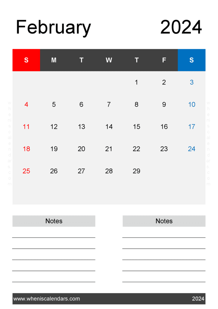 Download Free February Calendar Template 2024 A4 Vertical F4224
