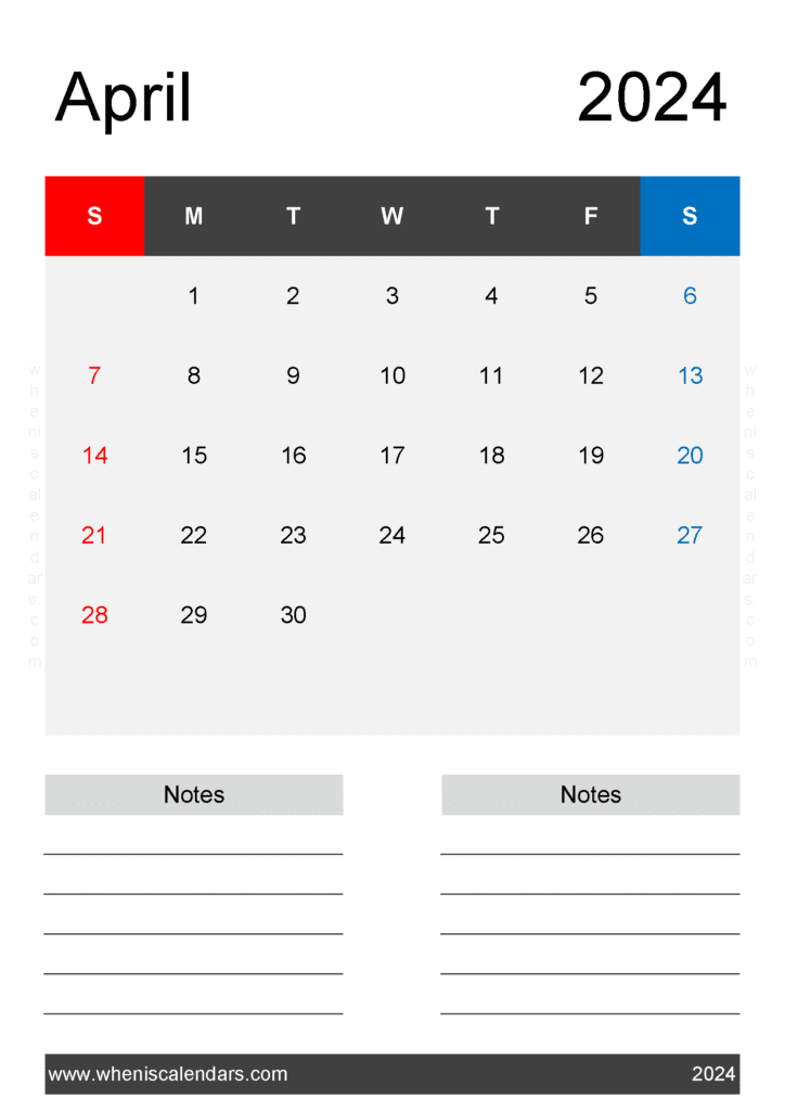 Free April Calendar template 2024 A44224
