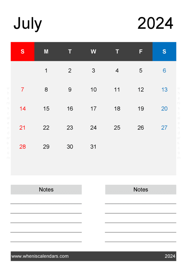 Download Free July Calendar Template 2024 A4 Vertical J74224
