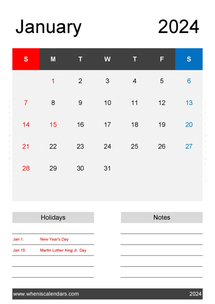 Download free January Calendar 2024 with Holidays printable A4 in Horizontal Landscape