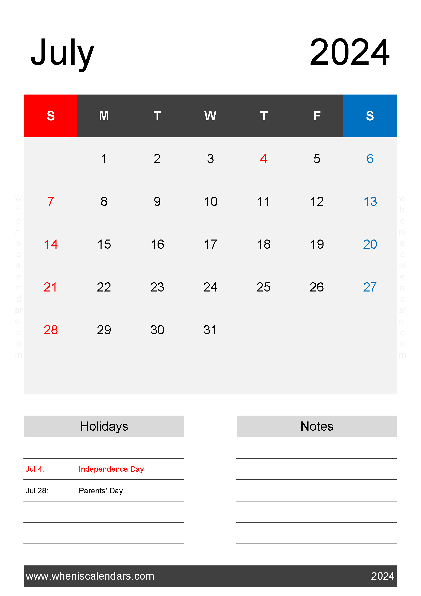 2024 Blank July Calendar page Monthly Calendar