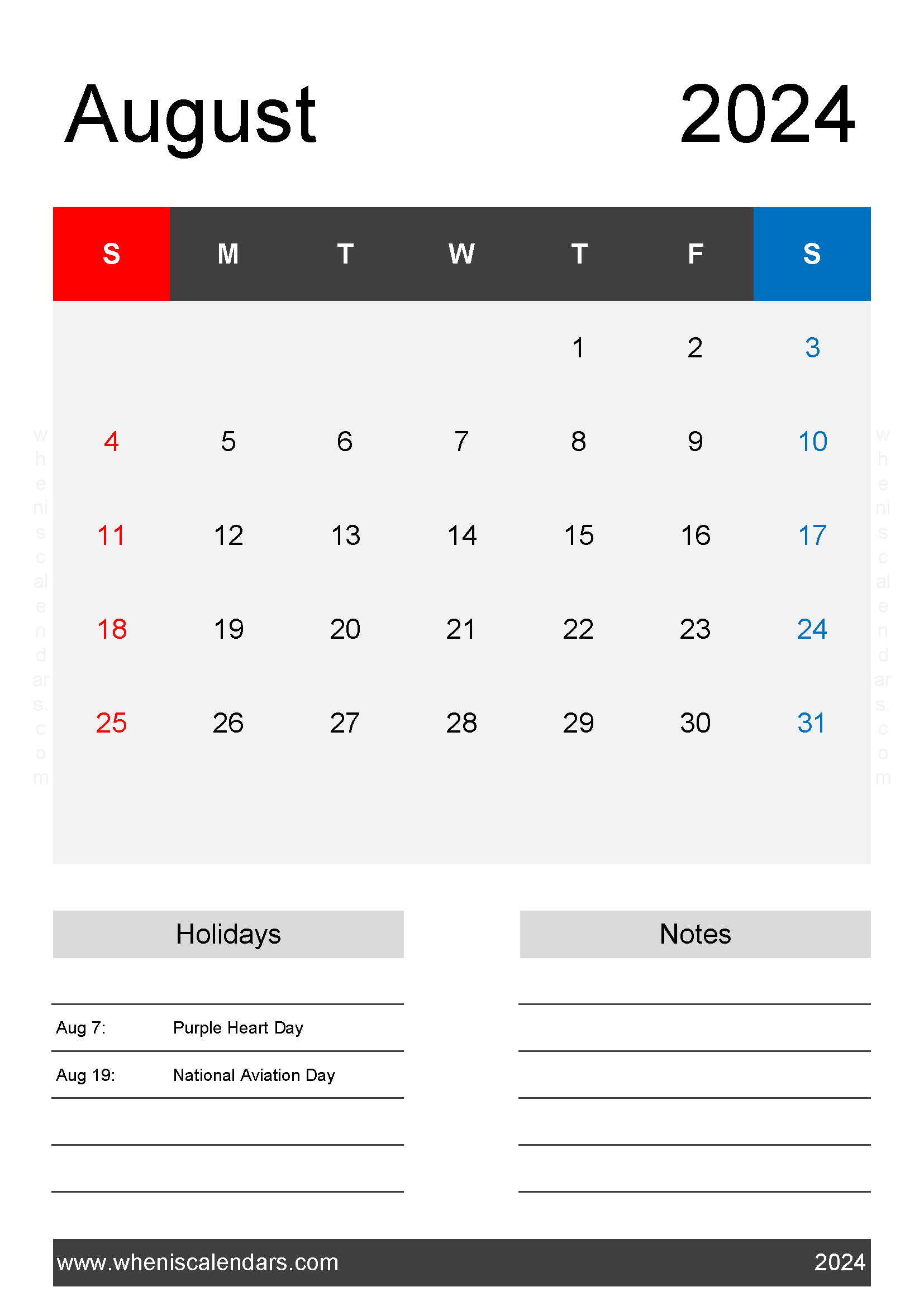 2024 Blank August Calendar page Monthly Calendar