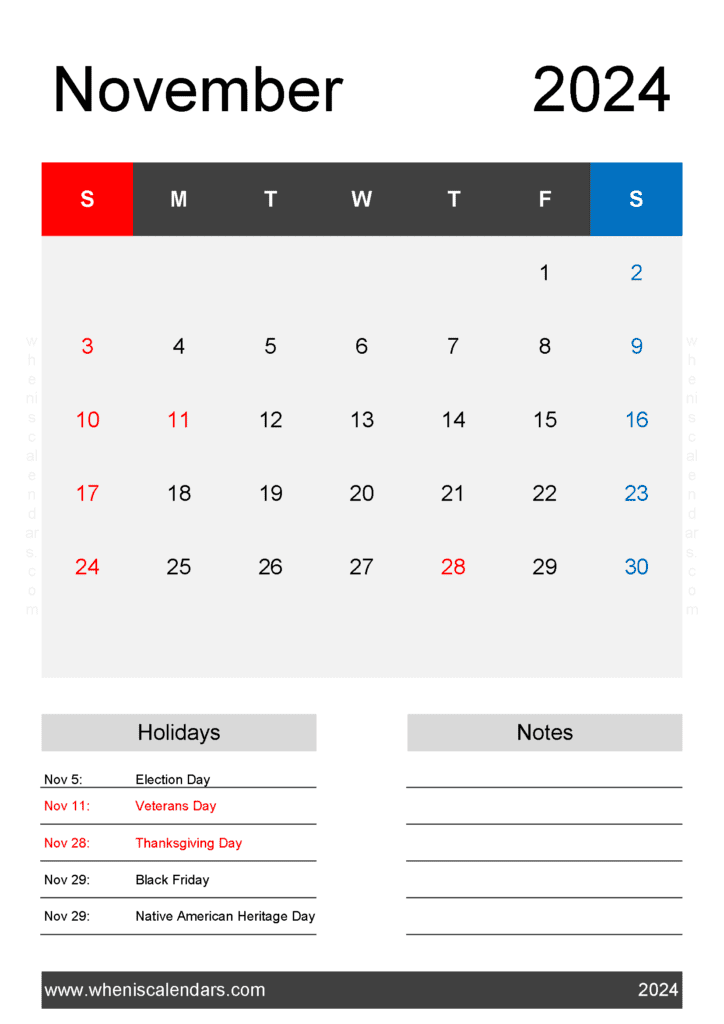 Download free November Calendar 2024 with Holidays printable A4 in Horizontal Landscape