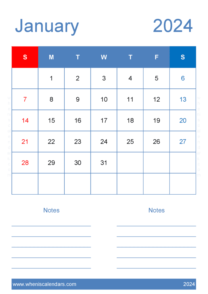 Jan 2024 Printable Monthly Calendar