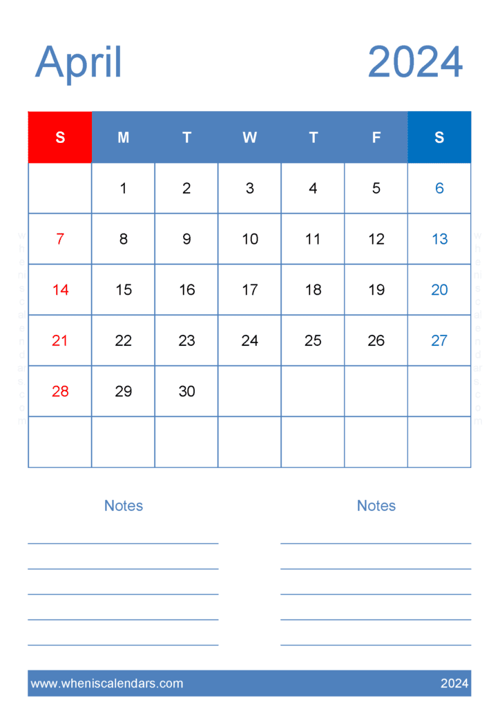 Apr 2024 Printable Monthly Calendar