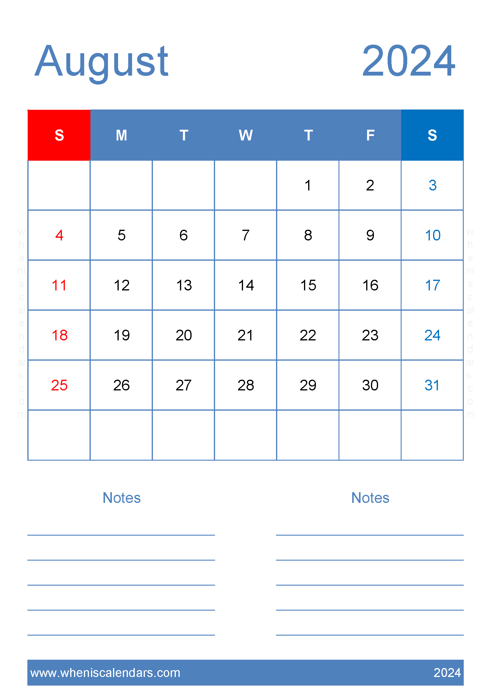 Aug 2024 Printable Monthly Calendar