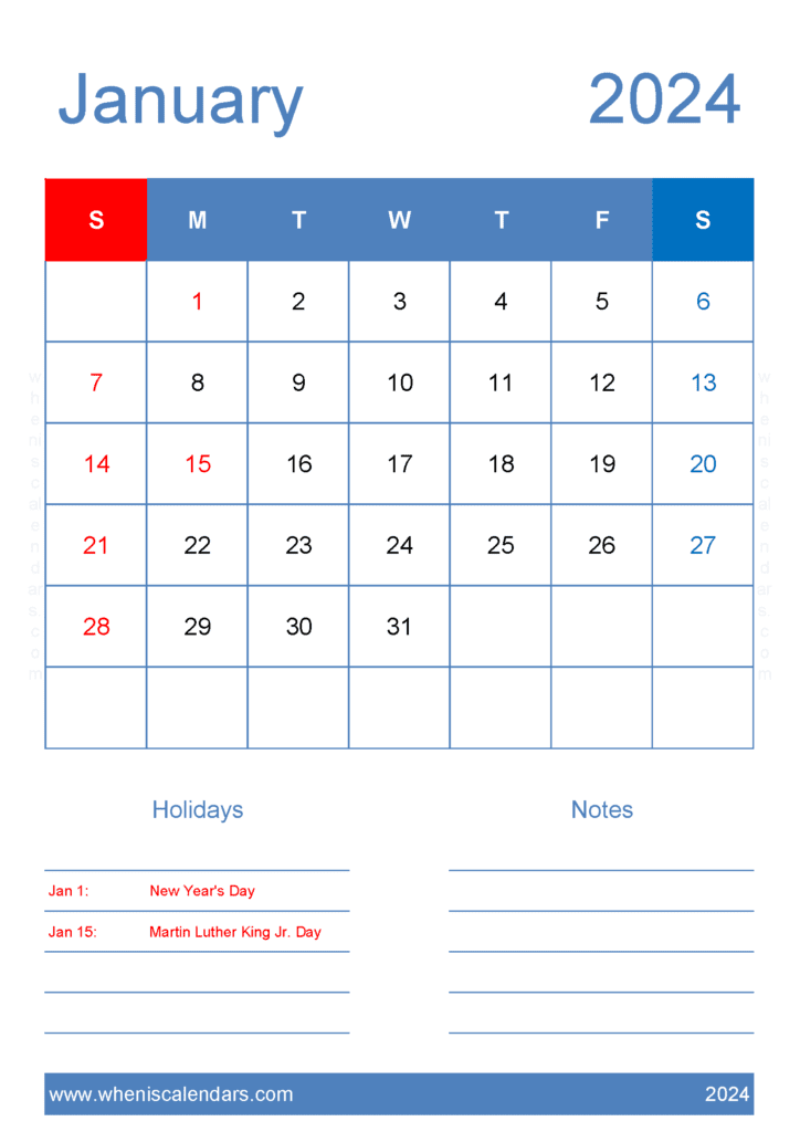 Free January 2024 Calendar to print Monthly Calendar