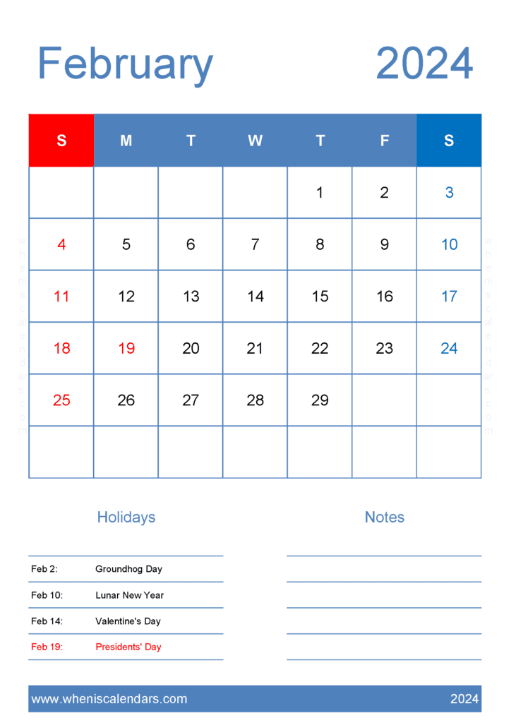 Download Printable February 2024 Blank Calendar A4 Vertical F4425
