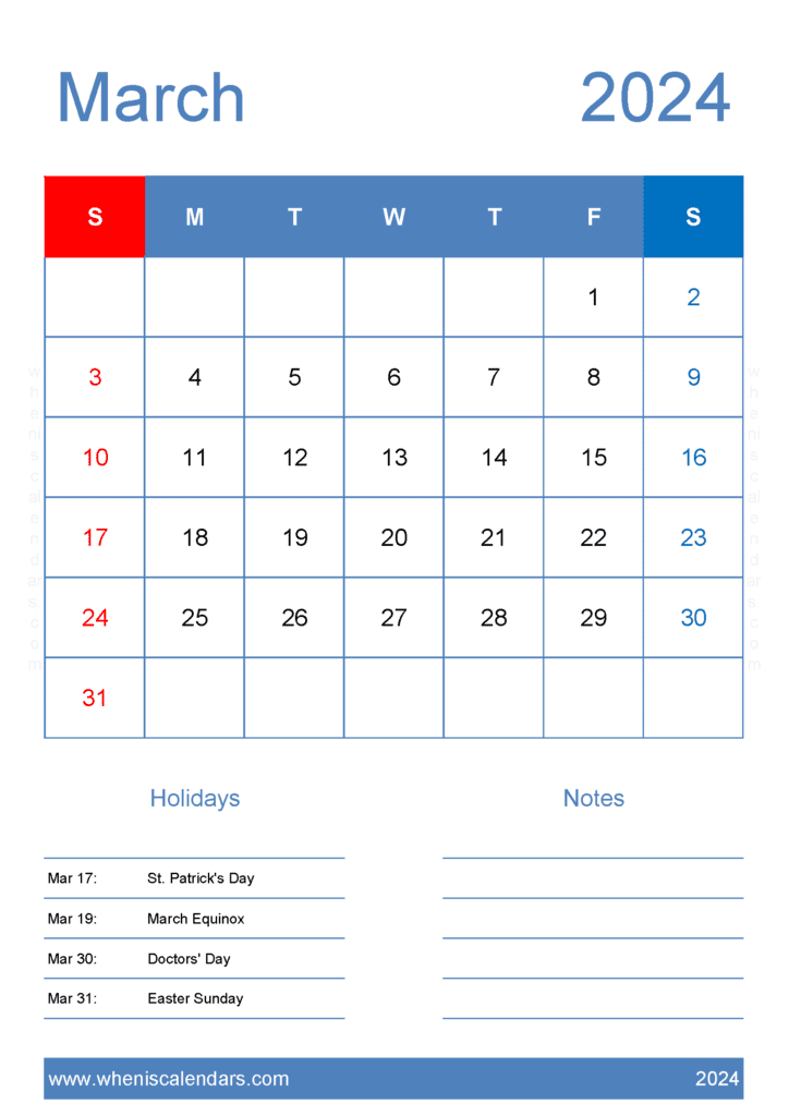 Download Printable March 2024 Blank Calendar A4 Vertical M34425