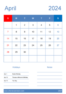 Printable April 2024 Blank Calendar J14425