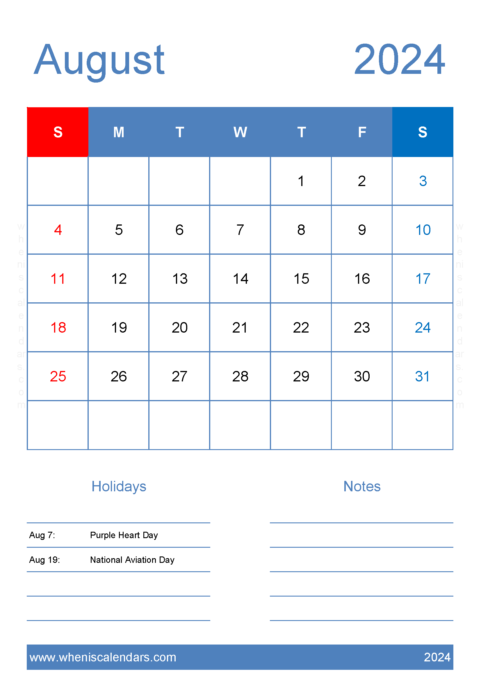 Printable August 2024 Blank Calendar Monthly Calendar