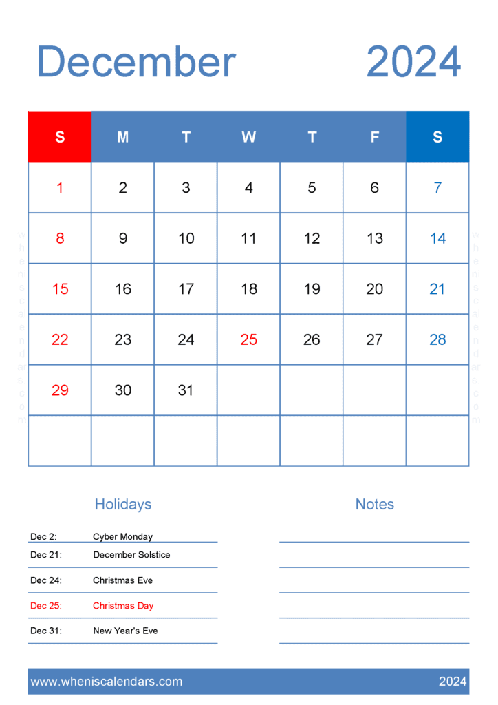 Free December 2024 Calendar to print Monthly Calendar