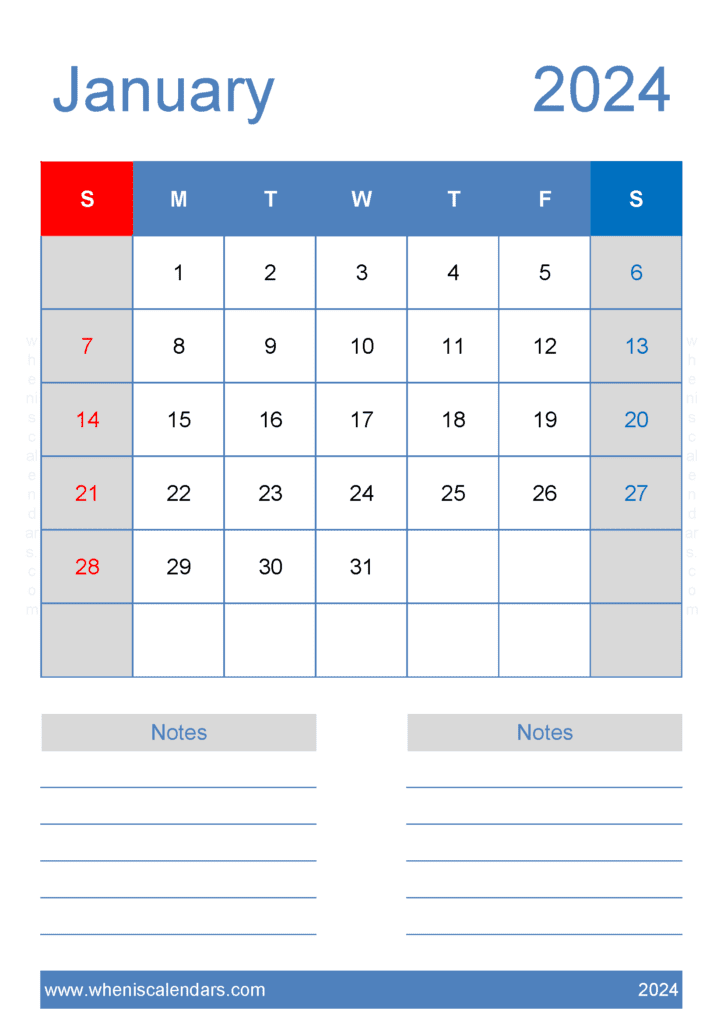 January Calendar 2024 print Monthly Calendar