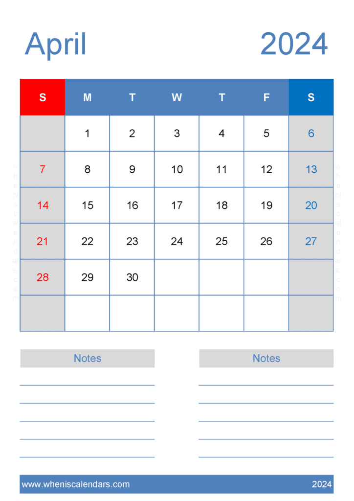 April Calendar 2024 print Monthly Calendar