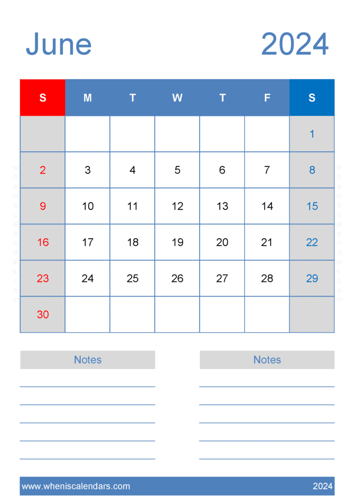 June Calendar 2024 print Monthly Calendar