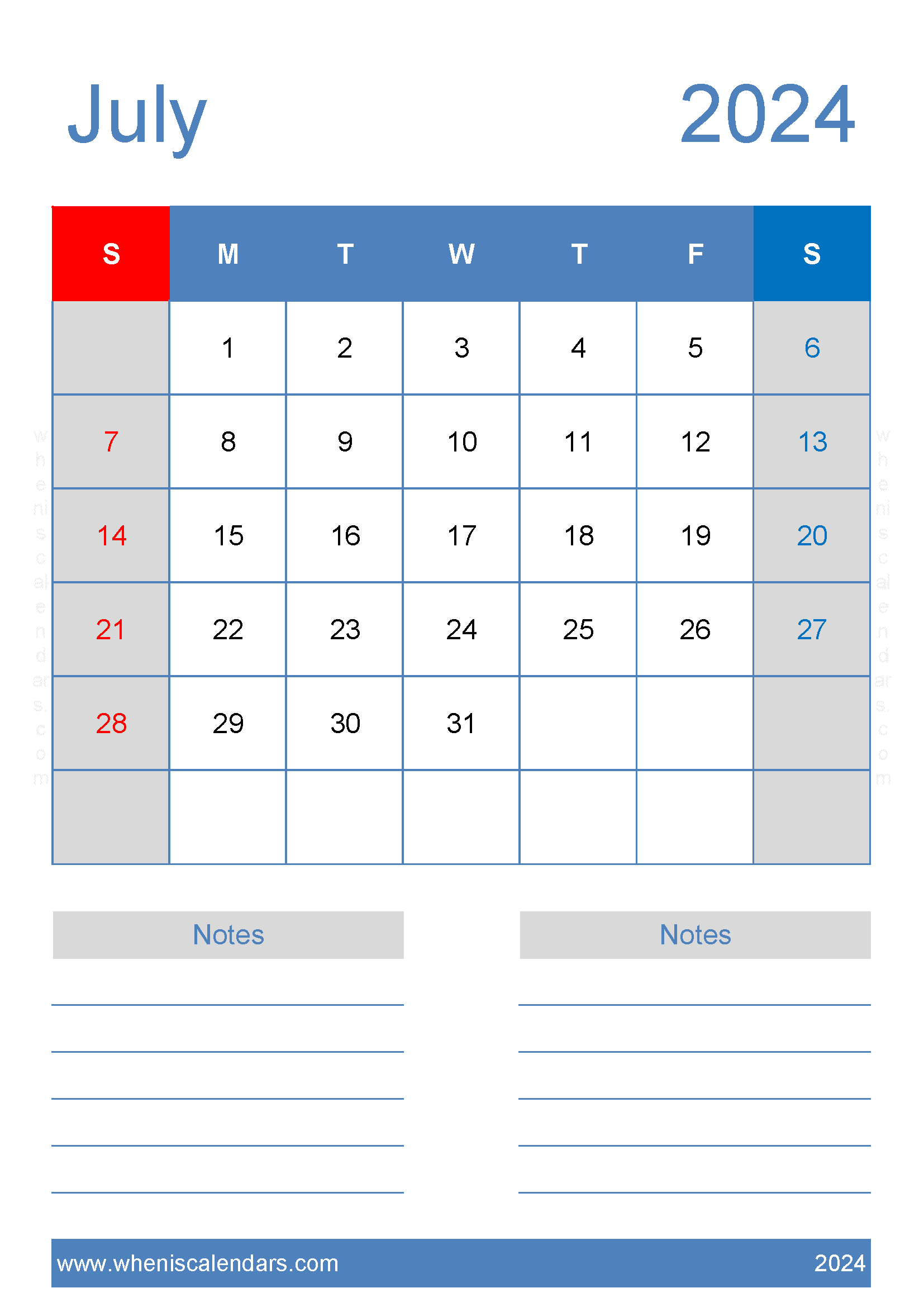 July Calendar 2024 print Monthly Calendar